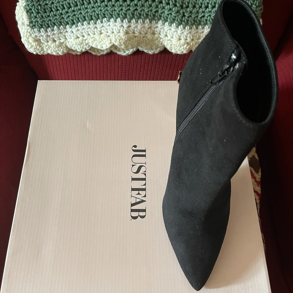 JustFab Ankle Boots Black Faux Suede Gold Detail